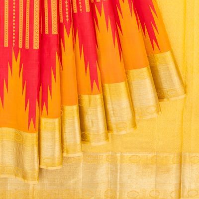 Classic Kanchipuram Silk Vertical Lines Pink Saree With Big Temple Border