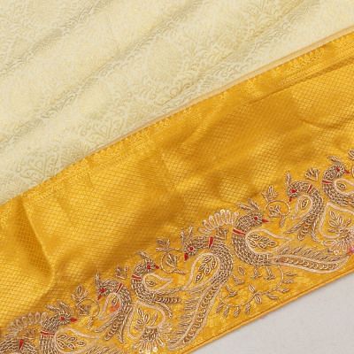 Kanchipuram Silk Brocade Cream Saree With Zardosi Work Border