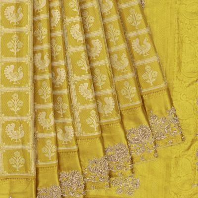 Kanchipuram Silk Tissue Checks And Butta Gold Saree With Zardosi Border