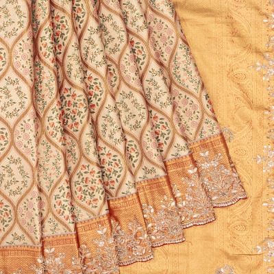 Kanchipuram Silk Tissue Brocade Gold Saree With Zardosi Work Scallop Border