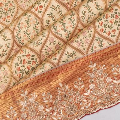 Kanchipuram Silk Tissue Brocade Gold Saree With Zardosi Work Scallop Border