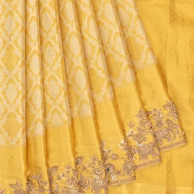 Kanchipuram Silk Brocade Gold Saree With Zardosi Work Border