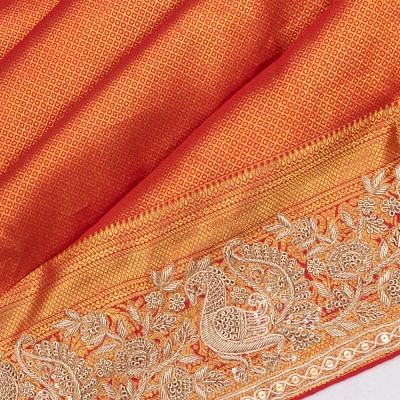 Kanchipuram Silk Brocade Red Saree With Zardosi Work Border