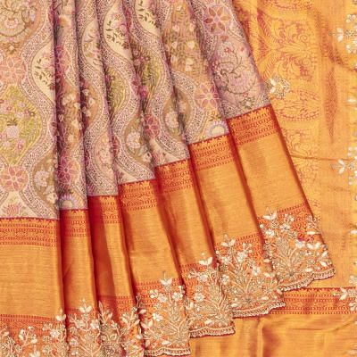 Kanchipuram Silk Tissue Brocade Gold Saree With Zardosi Work Scallop Border