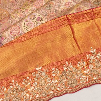 Kanchipuram Silk Tissue Brocade Gold Saree With Zardosi Work Scallop Border