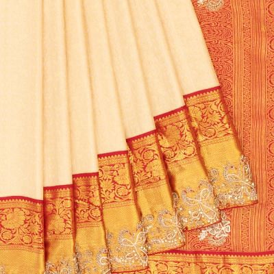 Kanchipuram Silk Brocade Cream Saree With Zardosi Work Border