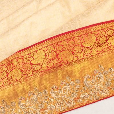 Kanchipuram Silk Brocade Cream Saree With Zardosi Work Border