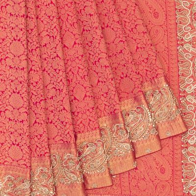 Kanchipuram Silk Brocade Pink Saree With Zardosi Work Border