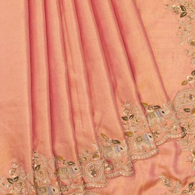 Kanchipuram Silk Tissue Brocade Peach Saree With Zardosi Work