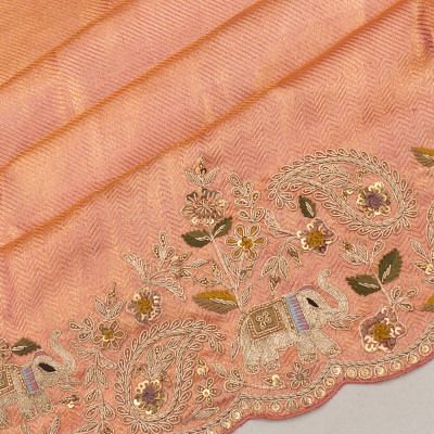 Kanchipuram Silk Tissue Brocade Peach Saree With Zardosi Work