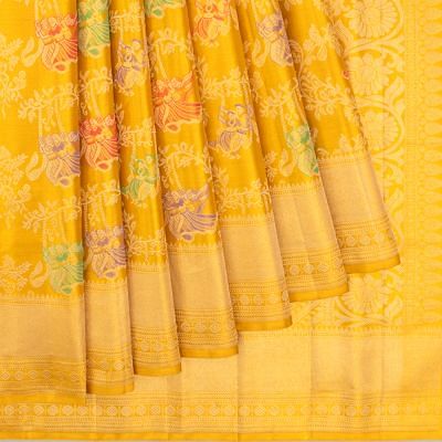 Kanchipuram Silk Meenakari Jaal Yellow Saree With Radha Krishna Motifs