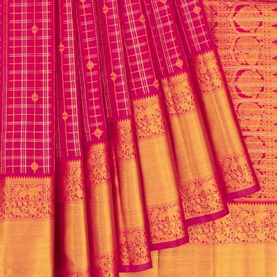 Classic Kanchipuram Silk Kattam Checks And Butta Rani Pink Saree