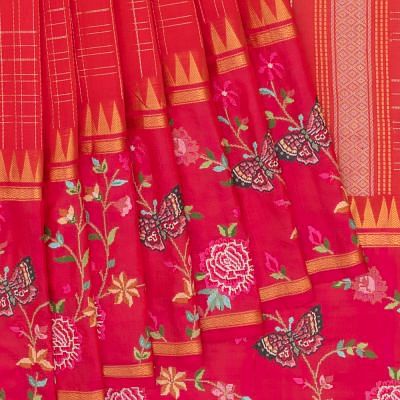 Kanchipuram Silk Checks Pink Saree With Embroidery Border