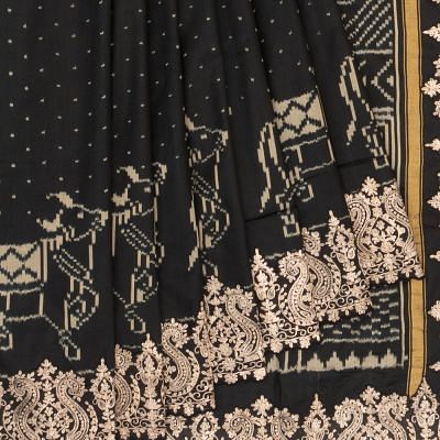 Pochampally Silk Ikat And Pichwai Black Saree With Embroidery Border And Pallu