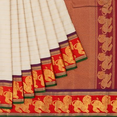 Kanchipuram Silk Horizontal Lines Off White Saree