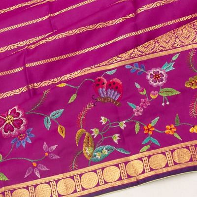 Petit Point X Kanchipuram Silk Horizontal Lines Purple Saree