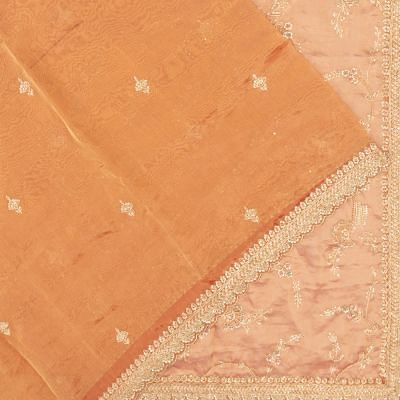 Organza Tissue Embroidery Butta Brown Saree With Scallop Border