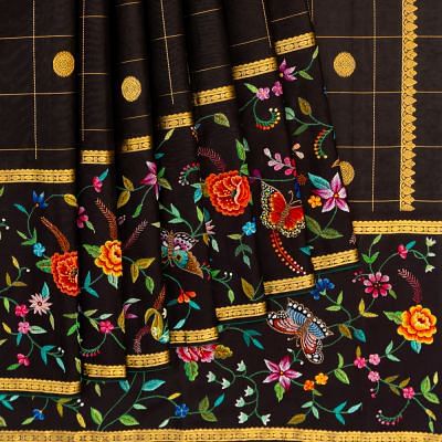 Petit Point X Kanchipuram Silk Checks And Butta Black Saree