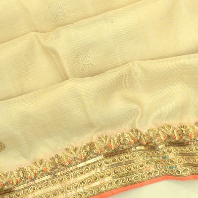 Kanchipuram Silk Tissue Butta Cream Saree With Zardosi Work