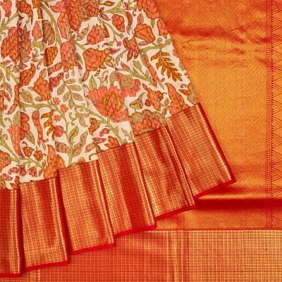 Kanchipuram Silk Floral Printed Cream Saree