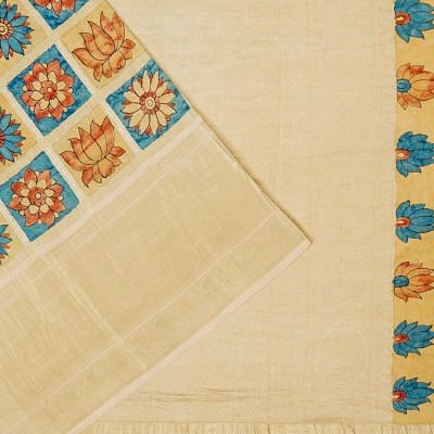 Kanchipuram Silk Handpainted Kalamkari And Checks Cream Saree