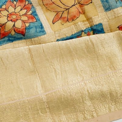 Kanchipuram Silk Handpainted Kalamkari And Checks Cream Saree