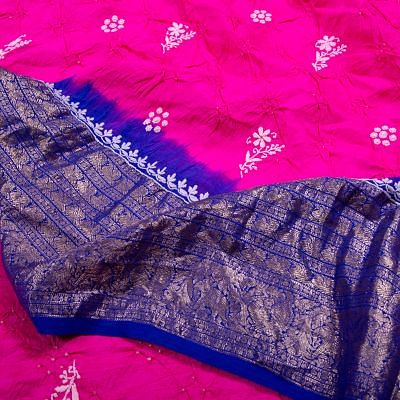 Kanchipuram Silk Bandhani Butta Pink Saree