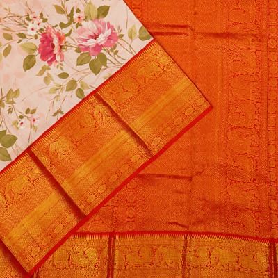 Kanchipuram Silk Floral Printed Peach Saree