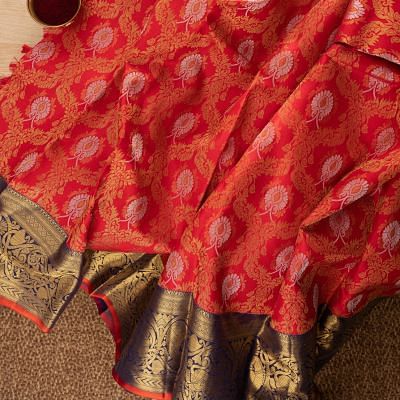 Kanchipuram Silk Jaal and Butta Red Saree