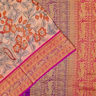 Kanchipuram Silk Handpainted Kalamkari Peach Saree