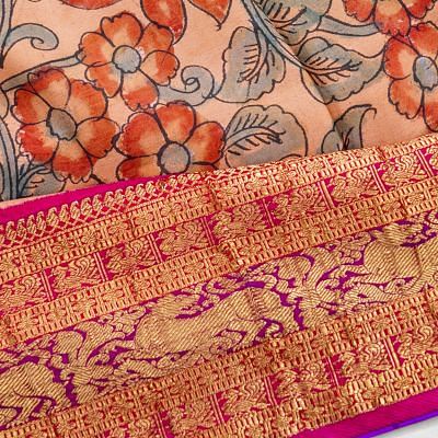 Kanchipuram Silk Handpainted Kalamkari Peach Saree