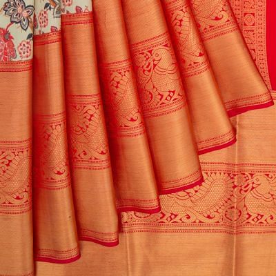 Kanchipuram Silk Floral Printed Cream Saree