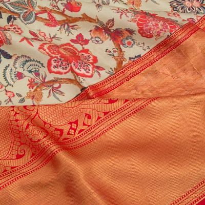 Kanchipuram Silk Floral Printed Cream Saree