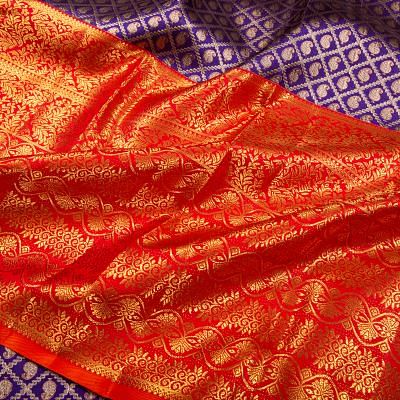 Kanchipuram Silk Criss-Cross Checks And Butta Violet Saree