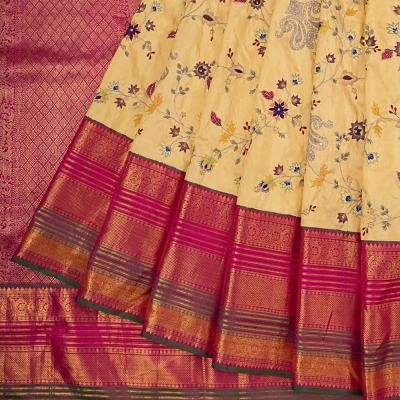 Kanchipuram Silk Hand Embroidery Yellow Saree