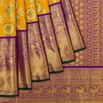 Kanchipuram Silk Jaal And Butta Yellow Saree