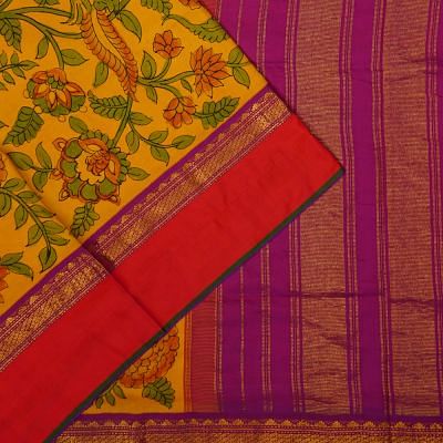 Kanchipuram Silk Kalamakari Hand Painted Yellow Saree