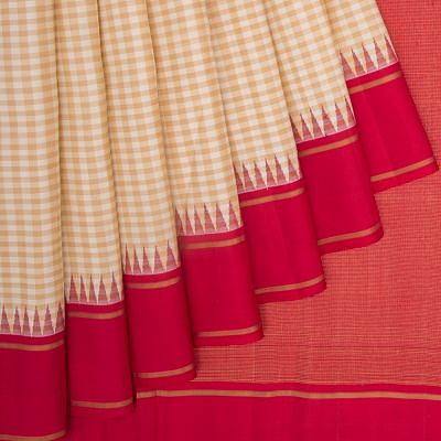 Kanchipuram Silk Checks Cream Saree With Ganga Jamuna Border