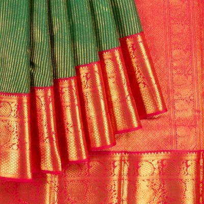 Kanchipuram Silk Veldhari Lines Dark Green Saree