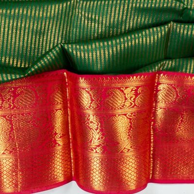 Kanchipuram Silk Veldhari Lines Dark Green Saree