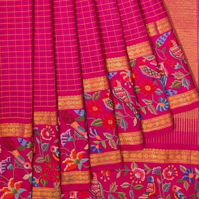 Petit Point Kanchipuram Silk Checks Pink Saree
