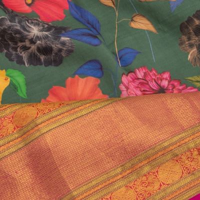 Kanchipuram Silk Floral Printed Green Saree