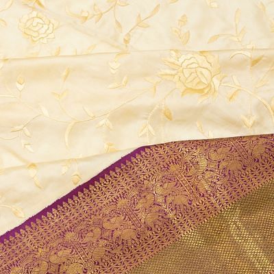 Parsi Gara Kanchipuram Silk Embroidery Cream Saree