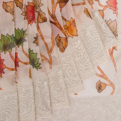 Organza Floral Printed Off-White Saree