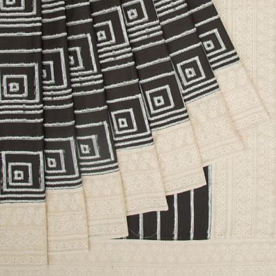 Pochampally Silk Double Ikat Black And White Saree With Attached Embroidery Border