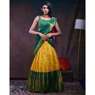 Kanchipuram Silk Brocade Yellow Lehenga With Georgette And Tussar Fusion