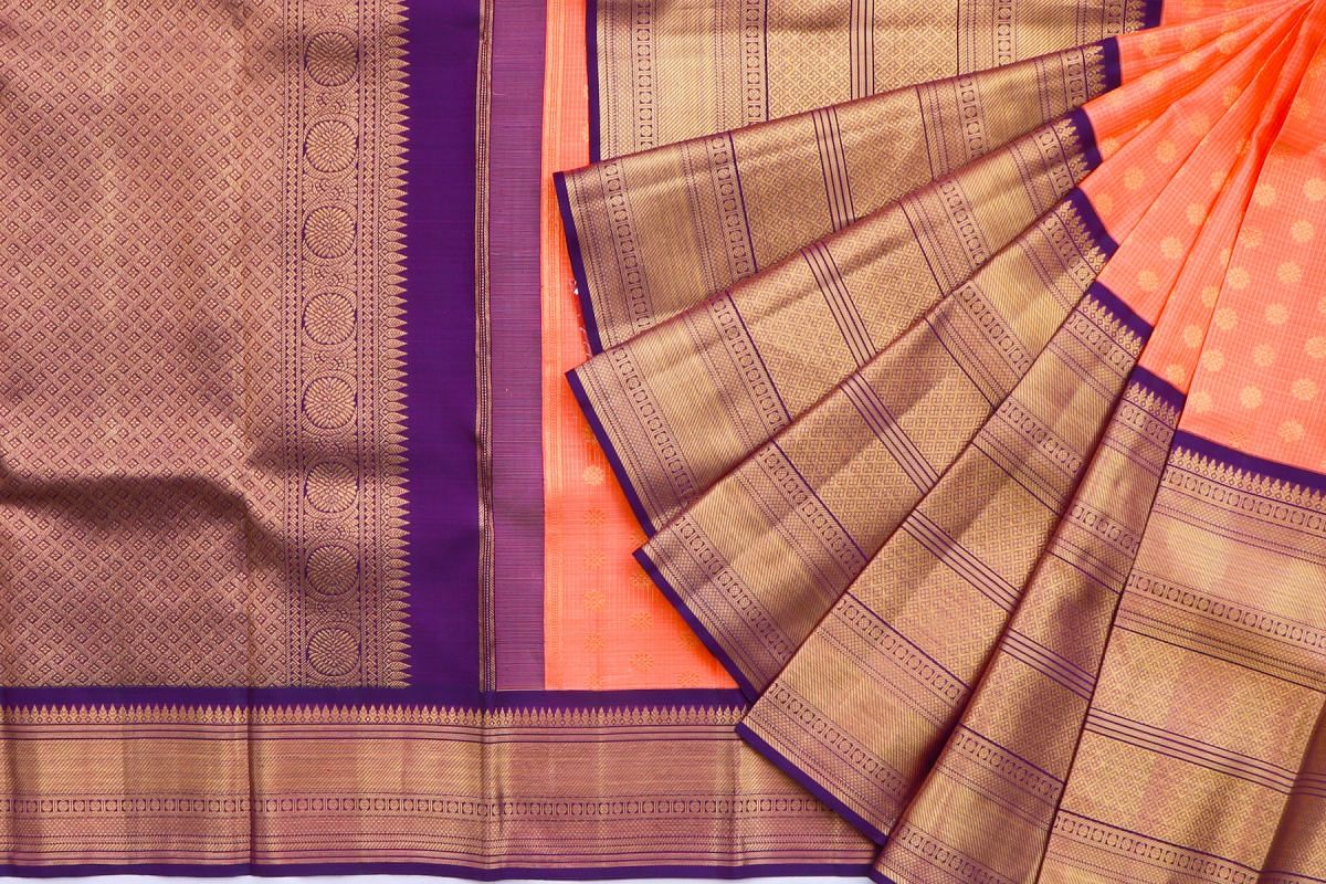 Kanchipuram Silk Checks And butta Pastel Orange Saree/5075632_2.jpg