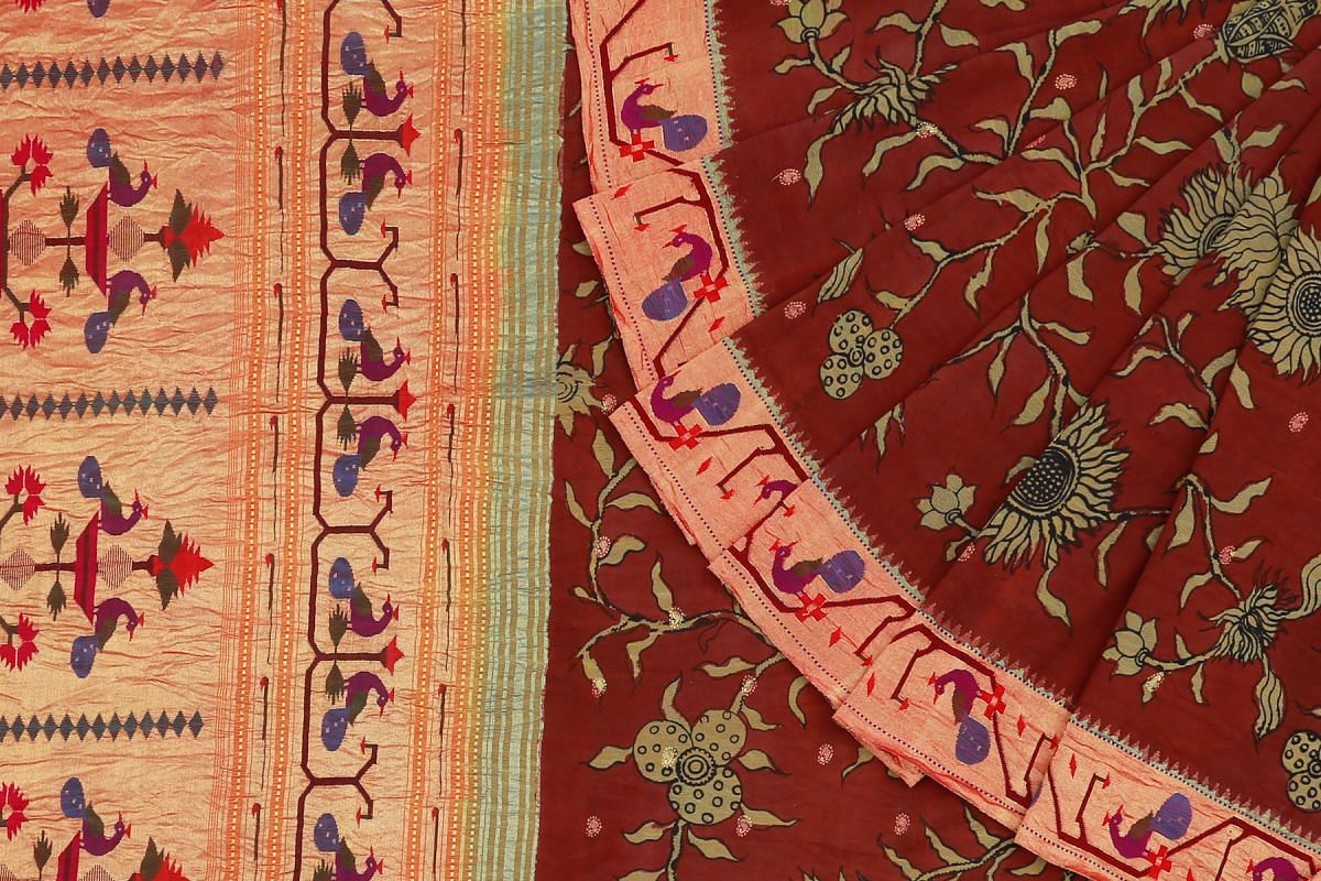 Paithani Silk Hand Painted Maroon Saree With Attached kalamkari on Paithani border