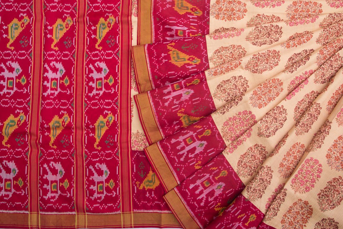 Semi Patan Patola Silk Printed Cream Saree With Attached Ikat Border