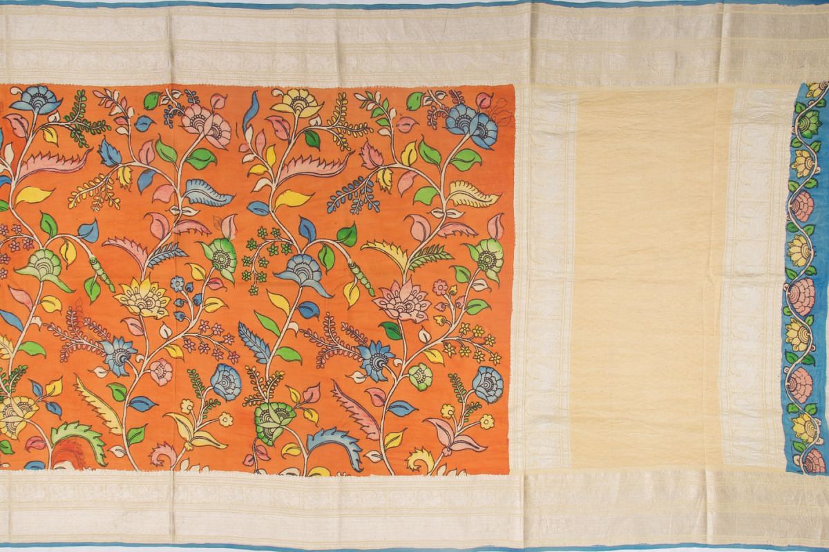 Kanchipuram Silk Kalamkari Hand Painted Orange Saree | Kankatala